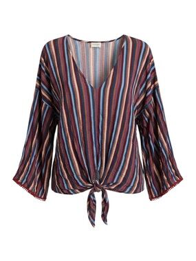 Peach Love California Striped Tie Front Bell Sleeve Boho Top